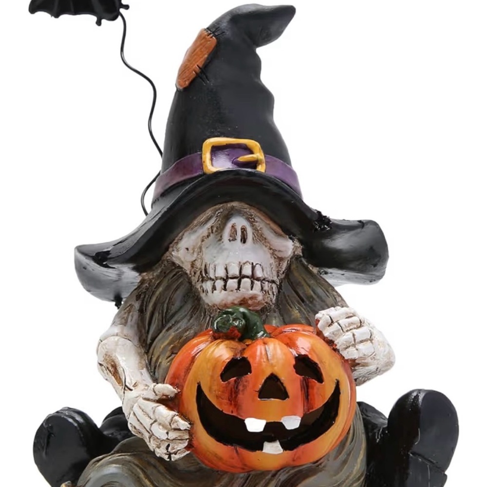 Halloween Resin Witch Skeleton Jack O Lantern Decor Pumpkin Light Up 6 Inch Tall